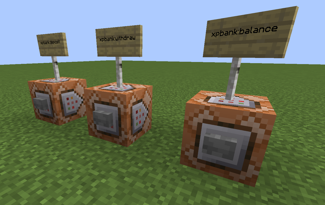 Three command blocks with signs on top