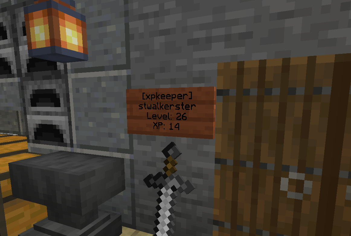An XPKeeper sign showing stwalkerster at Level 26 with 14 XP